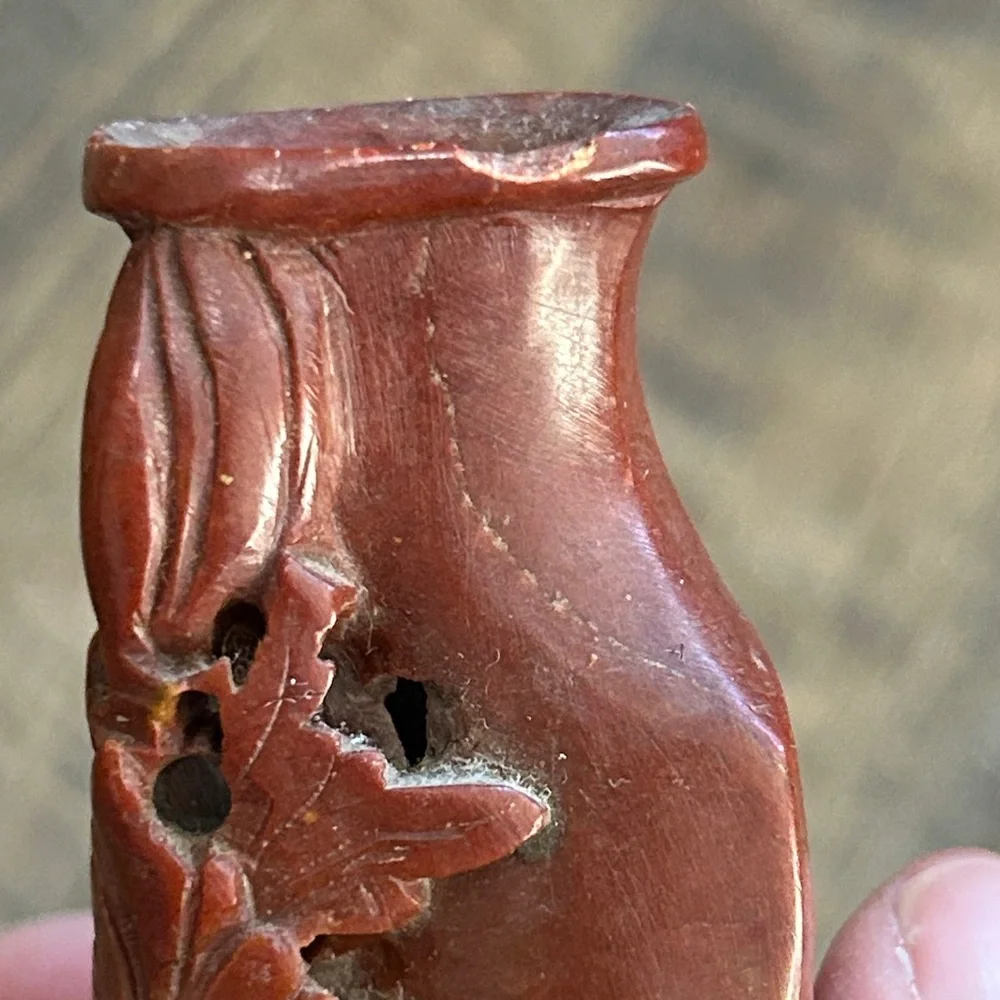 Vintage Hand Carved Chinese Red Soap Stone Vase‎ Floral Design 5” Tall Bud Vase